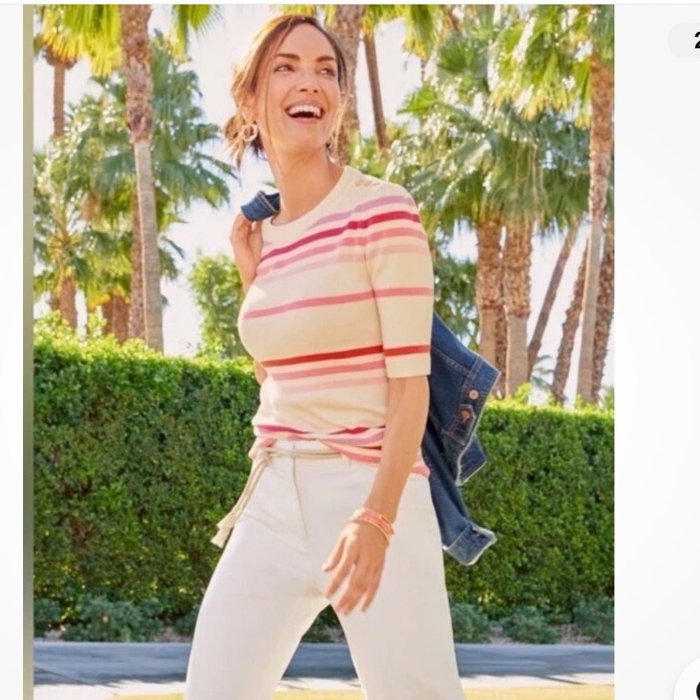 Talbots Pink And Cream Striped Cotton Blend Short Sleeve Knit Top